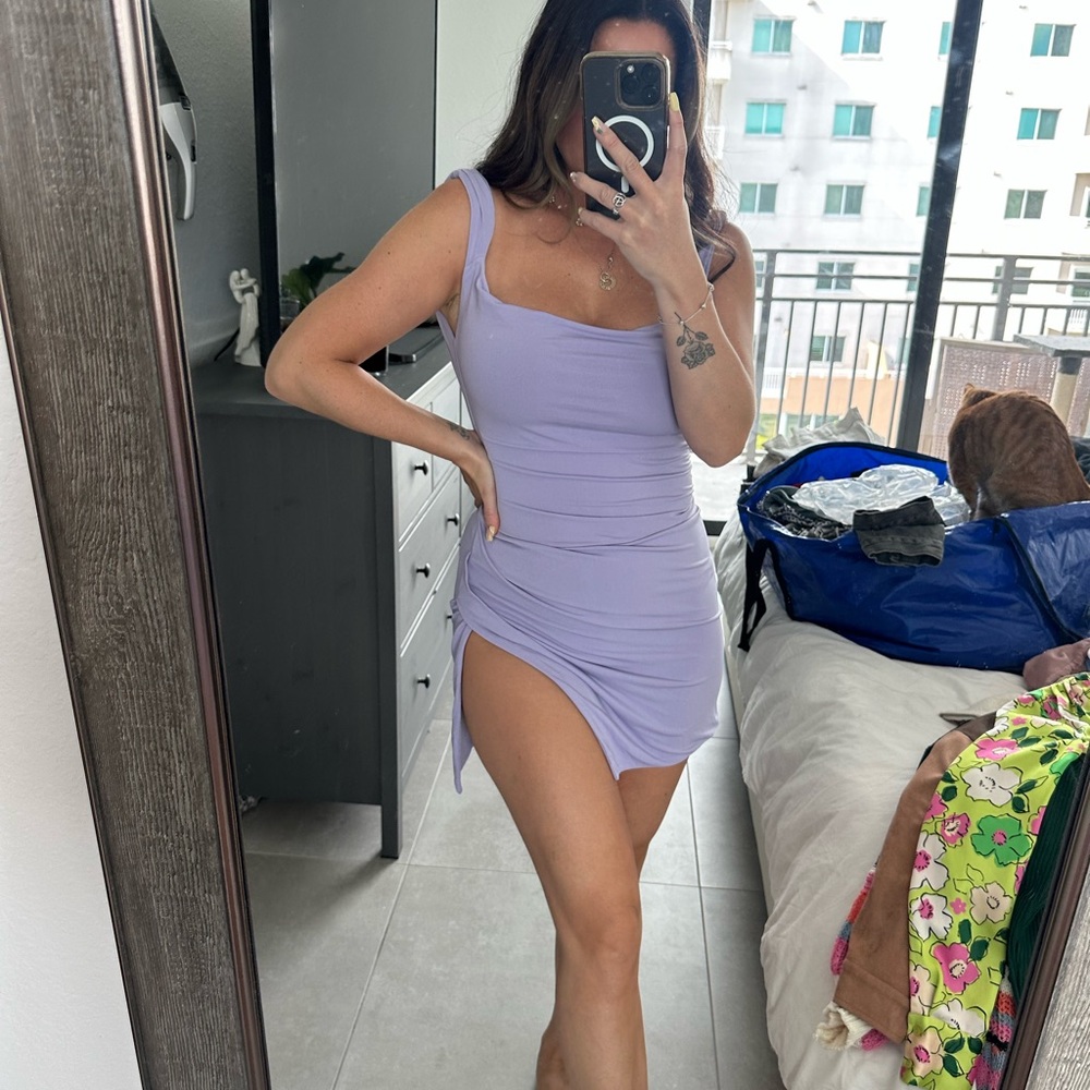 Lavender Ruched Mini Dress - Picture 3 of 7